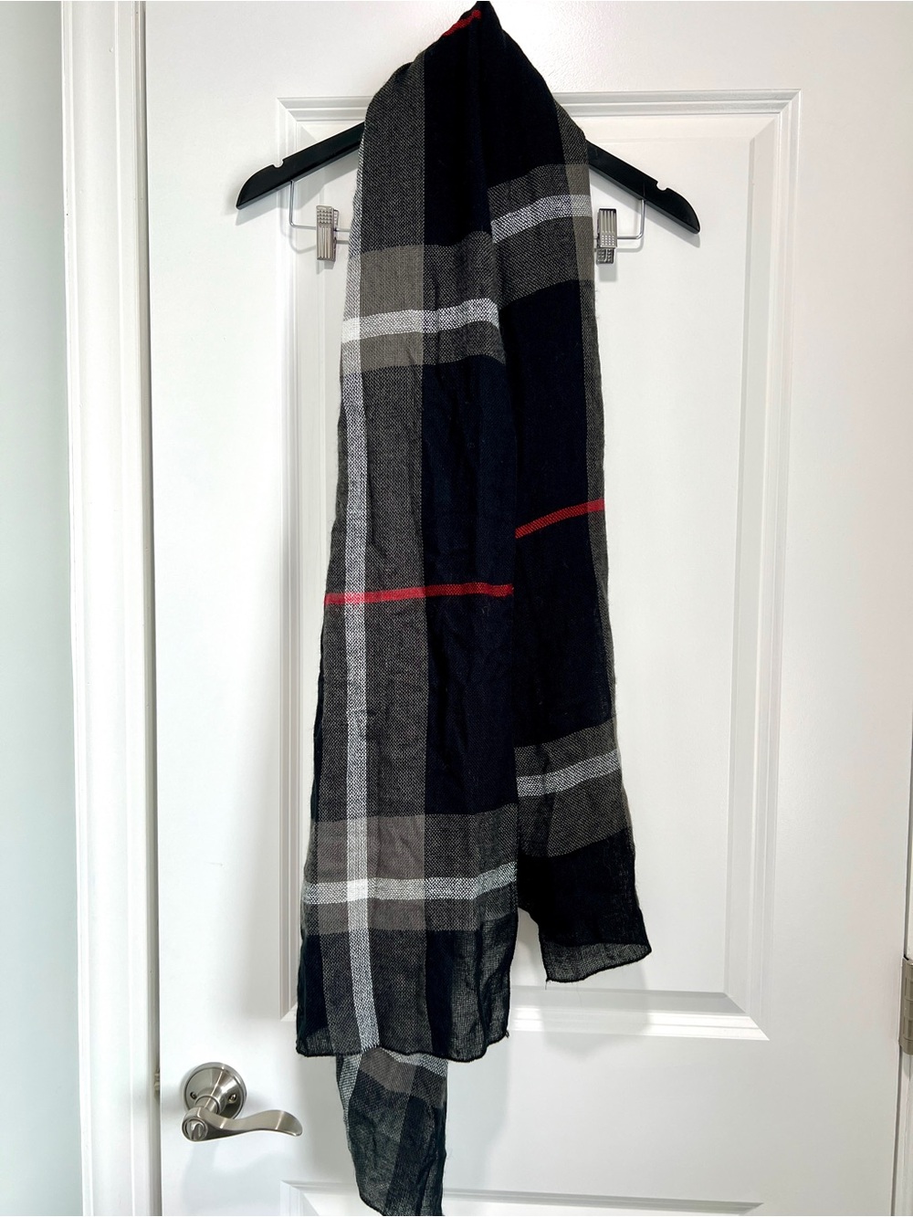 Black Plaid Lightweight Scarf with Grey & Red Accents